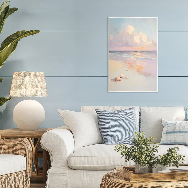 Plaque murale pastel coucher de soleil sur coquillages, design par Sissi et Seb, 19 x 13