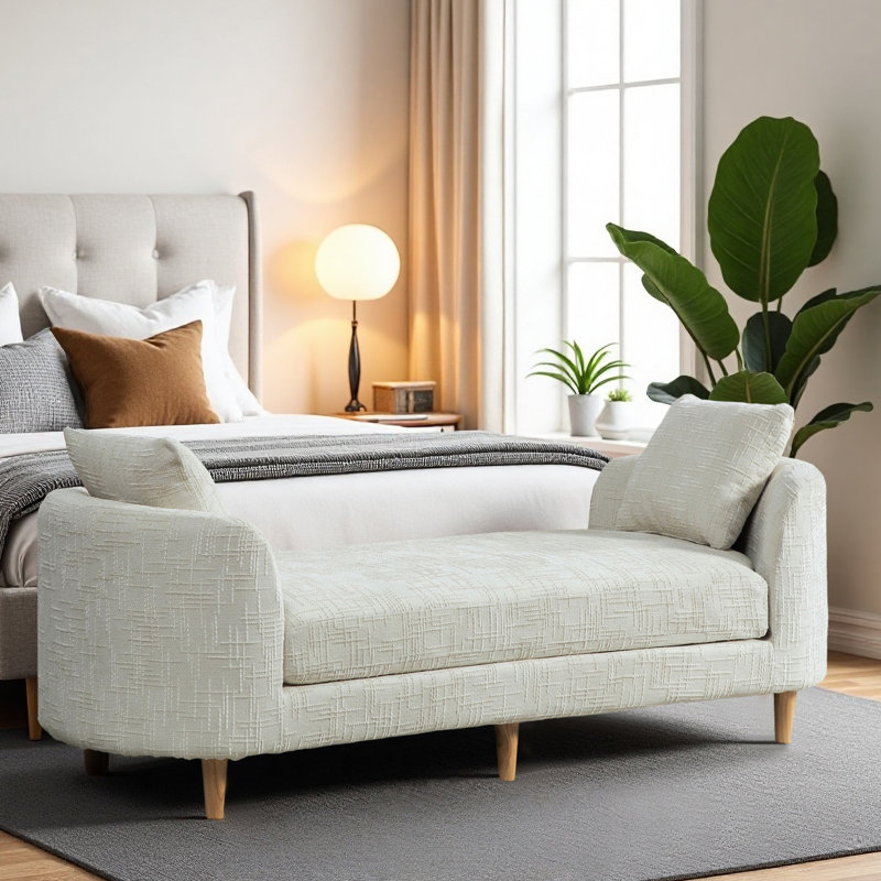 77.17" Chenille Upholstered Bench with Armrests and 2 Pillows, Beige
