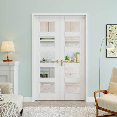 48" x 80" 5-Lite Clear Glass Double Doors, French Doors Slab Replacement, Clear Glass Door Slab, Paintable & Waterproof, Suit for Pantry Door, Laundry Door, Closet Door, Room Door, Home Office Door