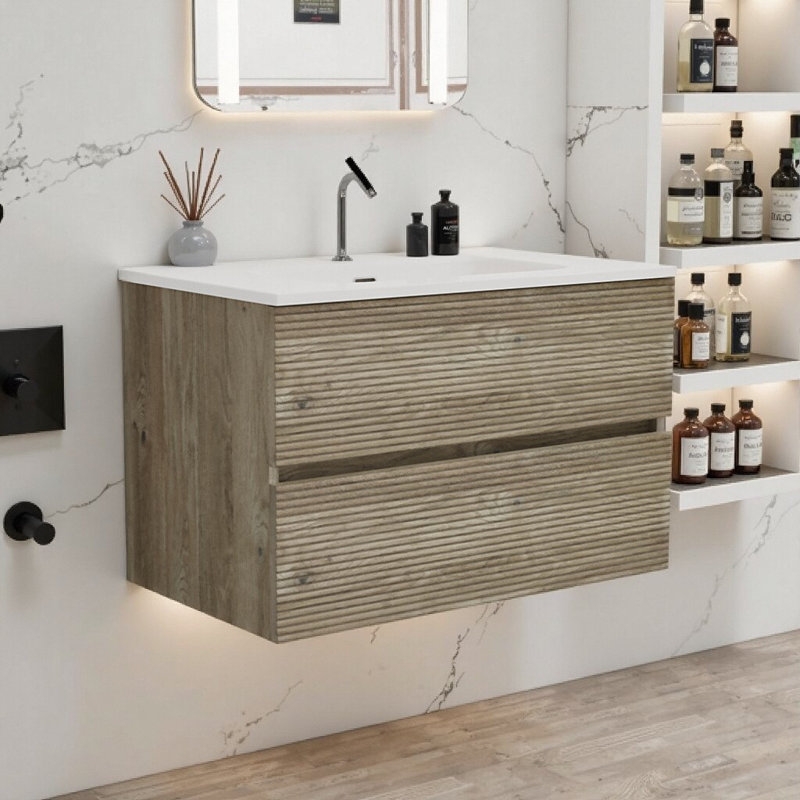 Meuble-lavabo flottant 30 po avec lavabo intégré - Tiroirs à fermeture en douceur, rangement moderne en chêne brut, 30"
