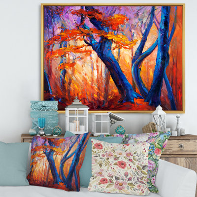 «Blue Silhouettes of Trees in Orange Autumn Forest», peinture sur toile