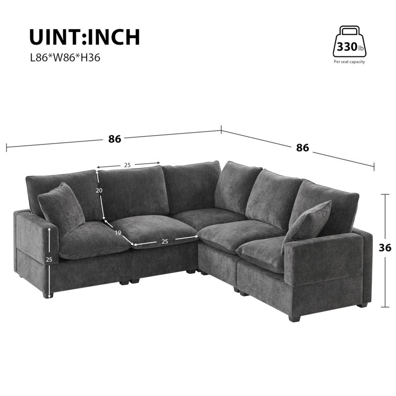 L Shape Modular Sofa, 5 Seat Chenille Sectional Couch Set with 2 Pillows Included,, Gray Chenille