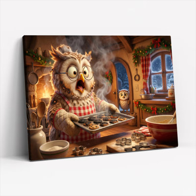 Tableau sur toile tendue « Hibou préparant des biscuits » (scène de Noël) - Lot de 1