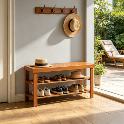 Banc de rangement en bambou pour hall d'entrée avec siège de rangement en noyer, banc à chaussures à surface plane multicouche pour porte d'entrée, couloir et vestibule utilitaire