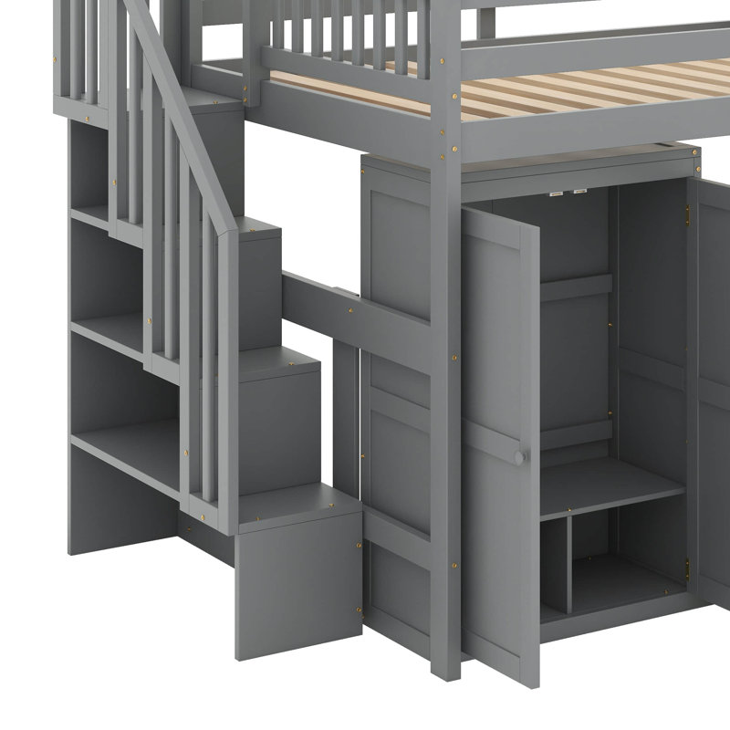 Lit mezzanine double avec escalier, tiroirs, bureau et garde-robe, Gris