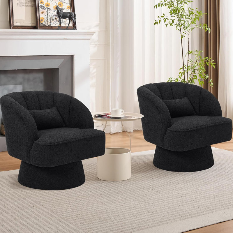 Upholstered Swivel Armchair, Black, Black Teddy