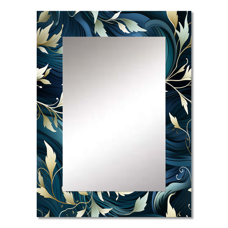 Khader White And Blue Chrysanthemum Zen Tranquility - Floral Decorative Wall Mirror, Floral Mirror, Printed Metal Art