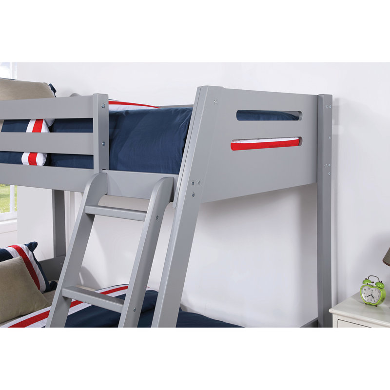 Lit superposé gris de style transitionnel, fabriqué en bois massif, accès frontal réversible, 2 tiroirs sous le lit avec poignées, lattes pour une surface de sommeil de soutien de Angled Pleasant