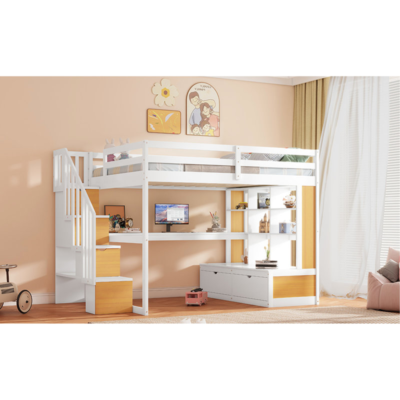 Lit mezzanine double avec bureau, tablettes, tiroirs