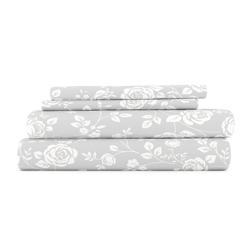 Twin Light Gray Rose Print Cotton Microfiber Sheet Set
