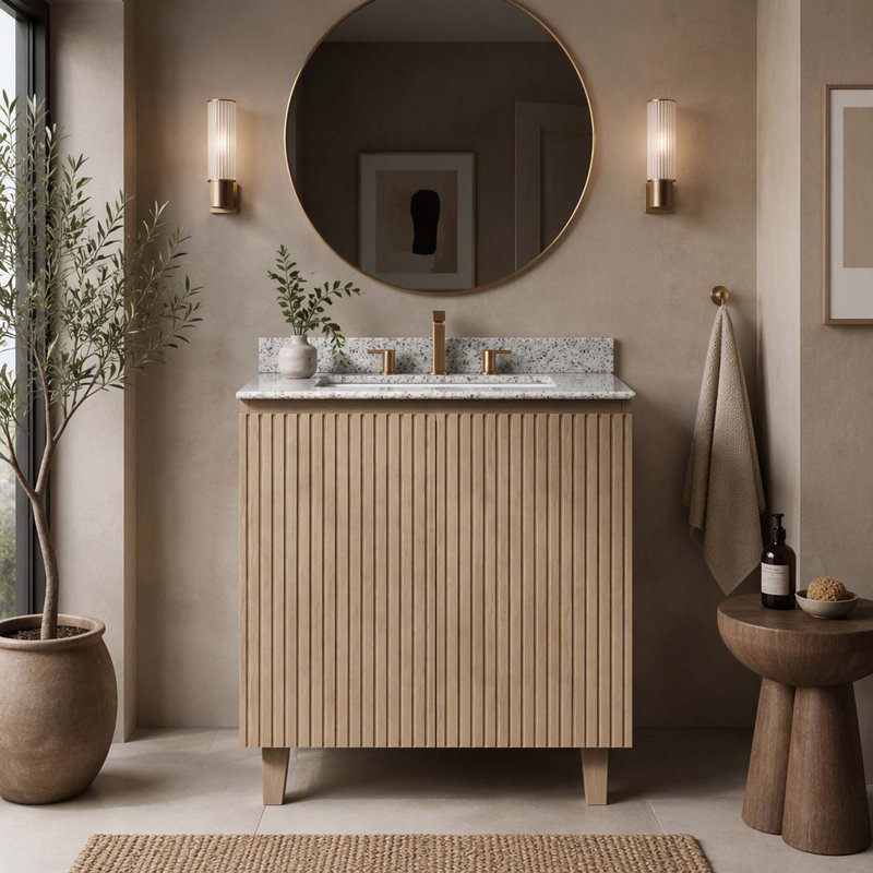 Meuble-lavabo 30 po, meuble autoportant, comptoir en granit naturel et lavabo en céramique avec 3 trous de robinet pré-percés, démonté, sans robinet, ensemble de drain et couvercle d'évier, couleur grain de bois Heidelberg