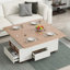 Table basse à plateau relevable moderne en noyer et blanc avec tiroirs et tablettes Modern