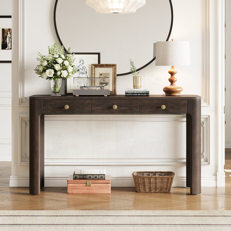 Console rustique avec coins arrondis pour la sécurité, table d'entrée avec 3 tiroirs dissimulés, table de canapé robuste avec des pieds épais pour le couloir et le salon