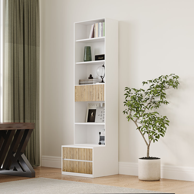 Bibliothèque de 78,7 po de hauteur avec repose-pieds mobile et tiroirs de rangement à tablettes ouvertes, Blanc / chêne