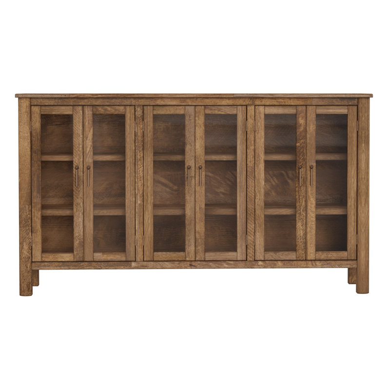 Olum 73 Inch Sideboard Console, Glass Doors, 2 Tiers, Brown Solid Wood