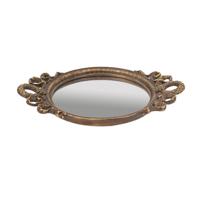 14.5x10" Ornate Oval Mirror Tray With Bronze Scrollwork Handles