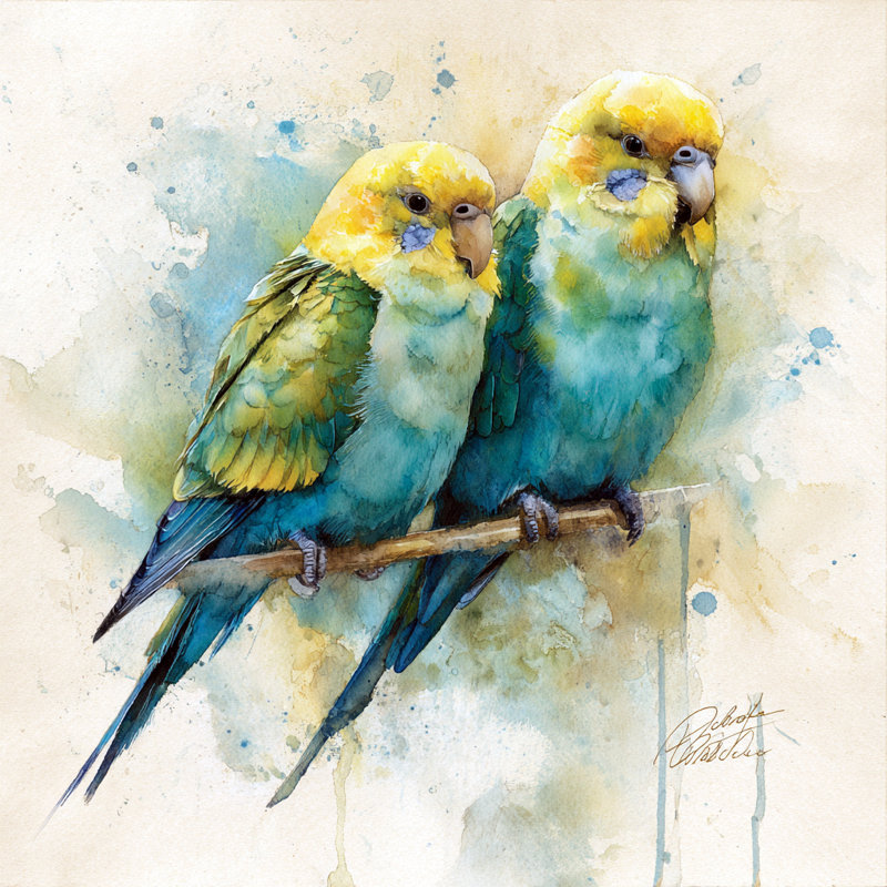 «Watercolor Lovebirds», art mural sur toile tendue, l 40 po x H 40 po x P 1,5 po