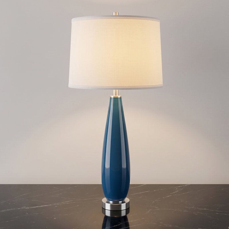 Lampe de table en verre d'art côtier bleu de 71 cm (28 po) avec abat-jour en lin blanc pour le salon et la chambre à coucher