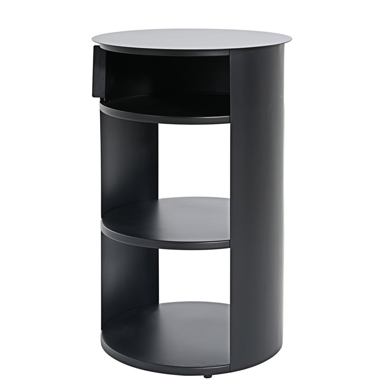 Table basse ronde en métal avec armoire à porte coulissante, Noir mat