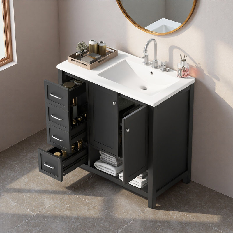 Meuble-lavabo avec comptoir d'évier, meuble-lavabo avec deux portes et deux tiroirs, bois massif, tablette ouverte, panneaux de fibres à densité moyenne, un paquet