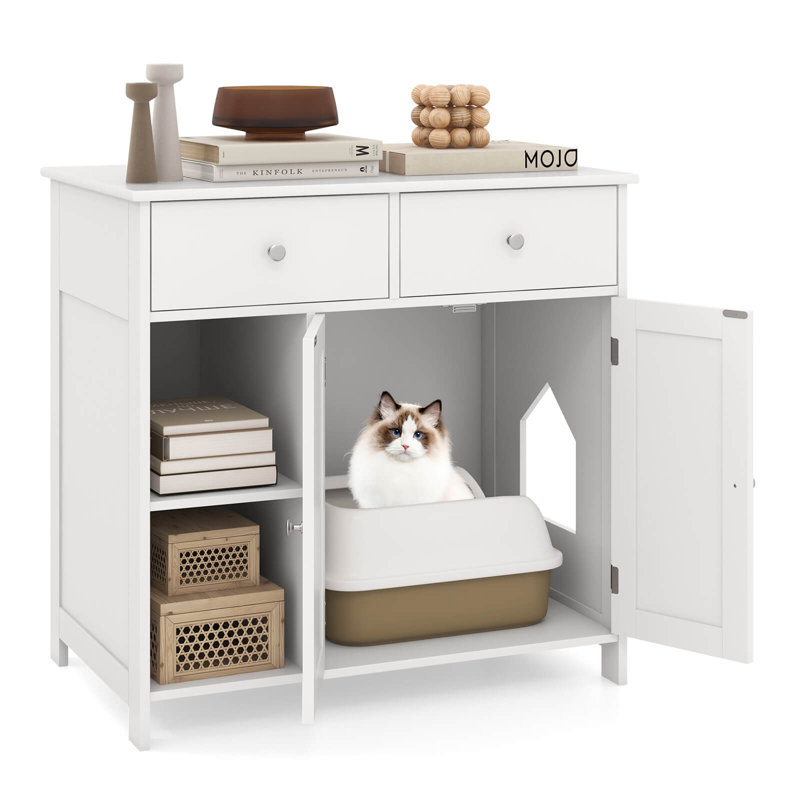Cat Litter Box Enclosure With 2 Drawers Double Doors Open Shelves Modern Indoor