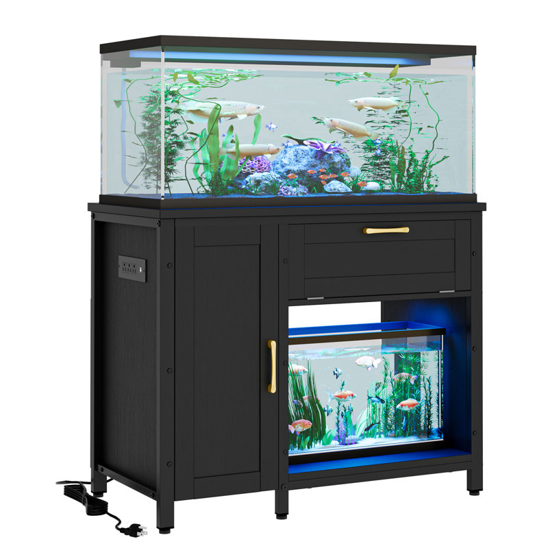 Support d'aquarium avec station de charge, support d'aquarium à DEL noir avec armoires, support d'aquarium rectangulaire avec tablettes réglables