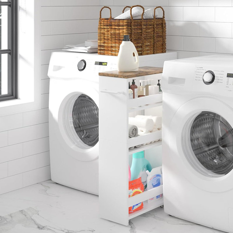 Chariot de rangement roulant à 4 niveaux avec poignée, organisateur utilitaire coulissant étroit sur roulettes pour la cuisine, la buanderie et les petits espaces (blanc)