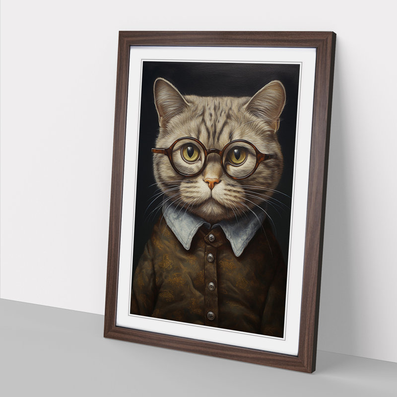 Cat With Glasses Painting - Single Picture Frame Print on Wood, 34cm H x 25cm W x 2cm D, Walnut Framed