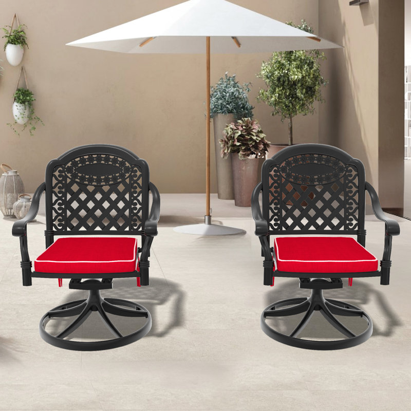 2 chaises de jardin pivotantes en aluminium coulé avec cadres noirs et coussins de vent de couleurs aléatoires pour l'extérieur