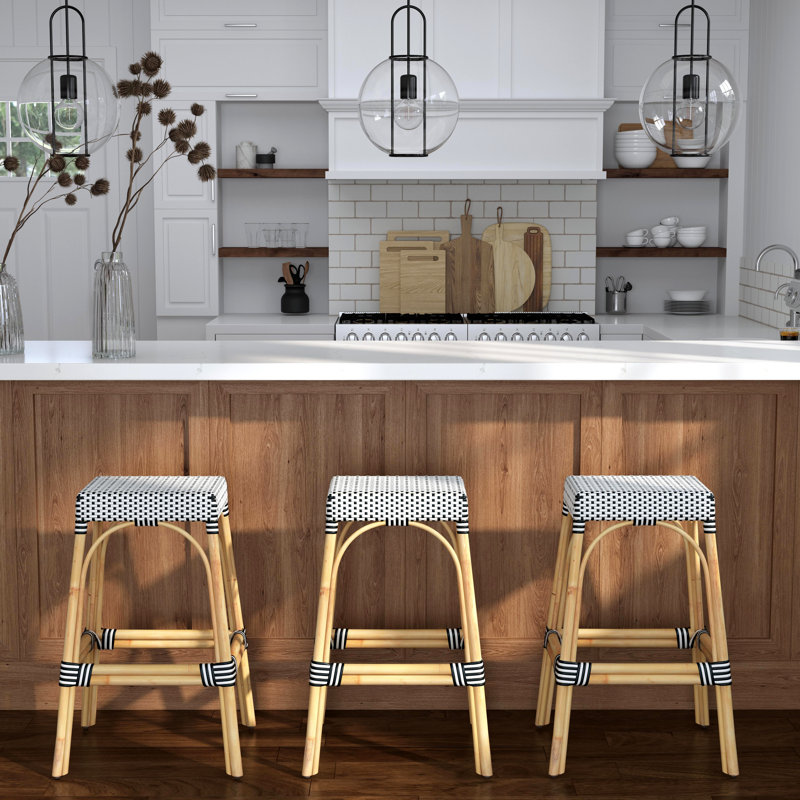 Lennart Counter/Bar Stool, Counter Stool (24.5" Seat Height), White/Black Dot/ Natural Rattan Frame
