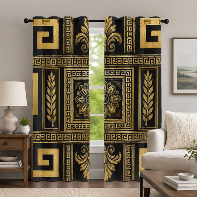 2Pcs Black and Gold Greek Key Curtains, Geometric Vintage Style Curtain, Luxury Floral Pattern Printed Art Grommet Drapes, Window Treatment for Bedroom Living Room Home Decor