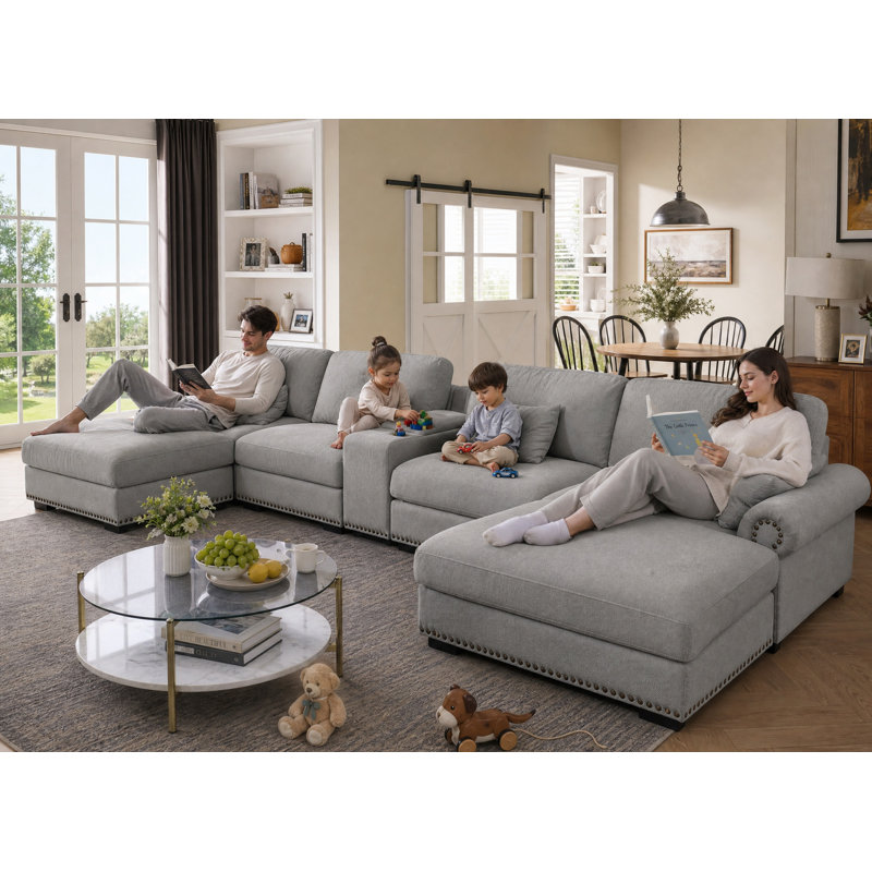 7 - Piece 179.86" U Shape Sectional Sofa Cloud Couch With Removable Ottomans & Cup Holder, USB & Type-C Charging Ports