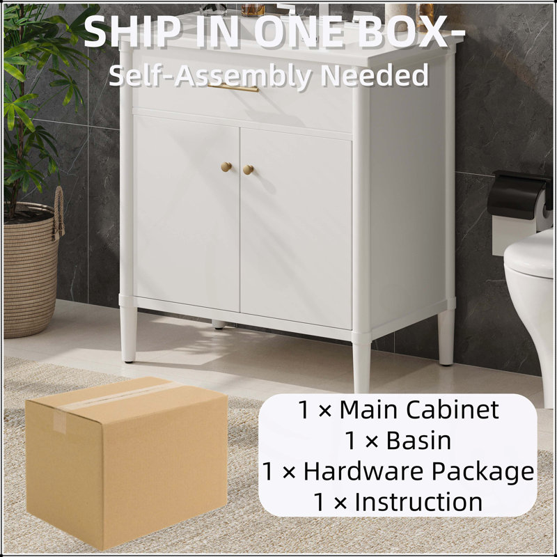 Meuble-lavabo de 31 po avec lavabo, portes à fermeture en douceur, tablette réglable, conception incurvée et pieds en bois d'hévéa durables