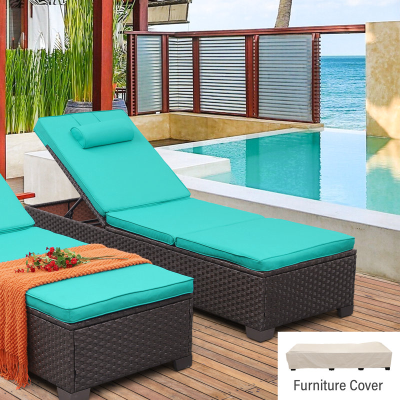 Chaise longue d'extérieur en osier l 26 po x P 79 po avec coussin et appui-tête, Turquoise