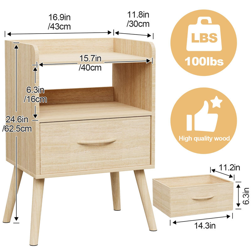 Table de chevet avec tablettes ouvertes, Naturel