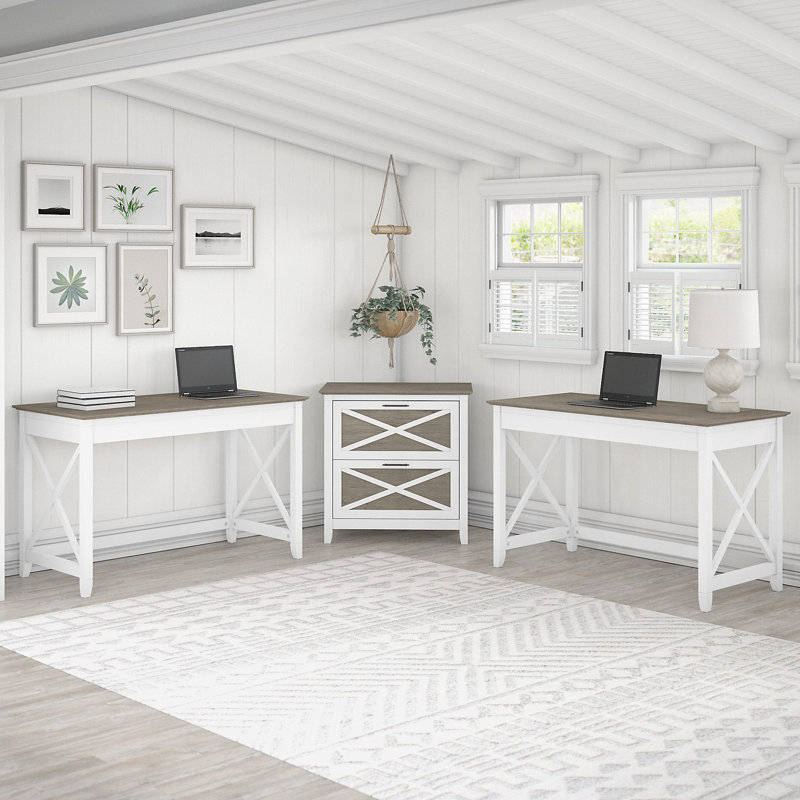Huckins 3 Piece Writing Desk Office Set, Pure White/Shiplap Gray