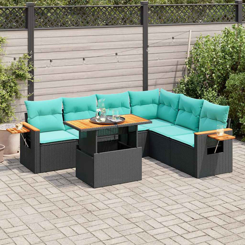 Ensemble de canapé de patio 7 pièces avec coussins en rotin noir et acacia