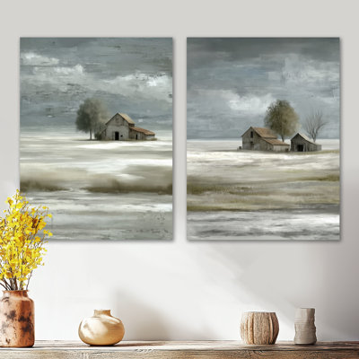 Farmhouse in Winter Countryside Landscape – White Scenic Metal Wall Decor Print Set of 2
