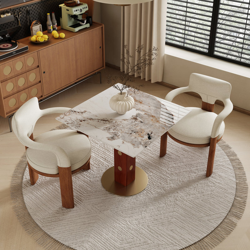 Table de salle à manger contemporaine de 33 po avec pieds en noyer et accents dorés Contemporary Luxe, Beige