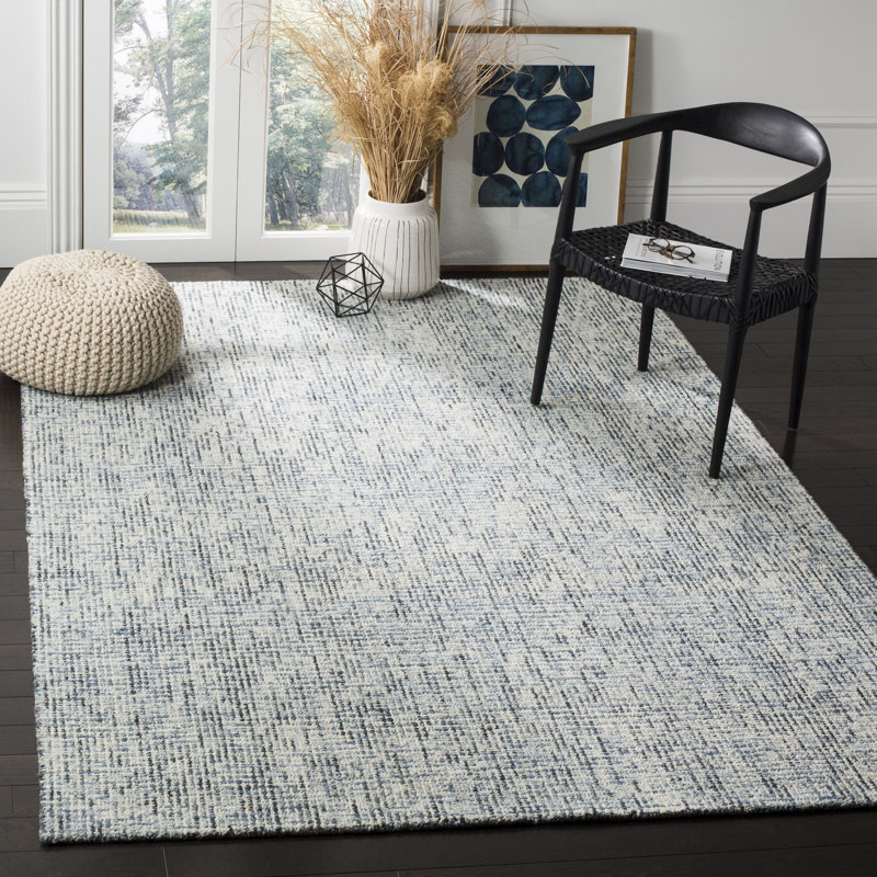 Tapis bleu / gris anthracite en laine touffeté à la main, Rectangle 6 pi x 9 pi