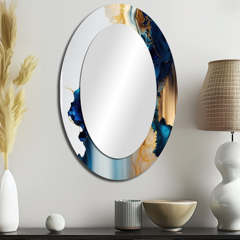 Abstrait Géode dorée et bleue I - Miroir mural ovale moderne, 36 po x 24 po