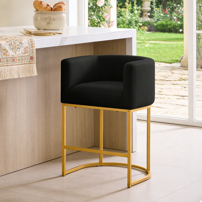 26" Upholstered Metal Barrel Counter Bar Stool, Black Seat/Gold Frame, 1