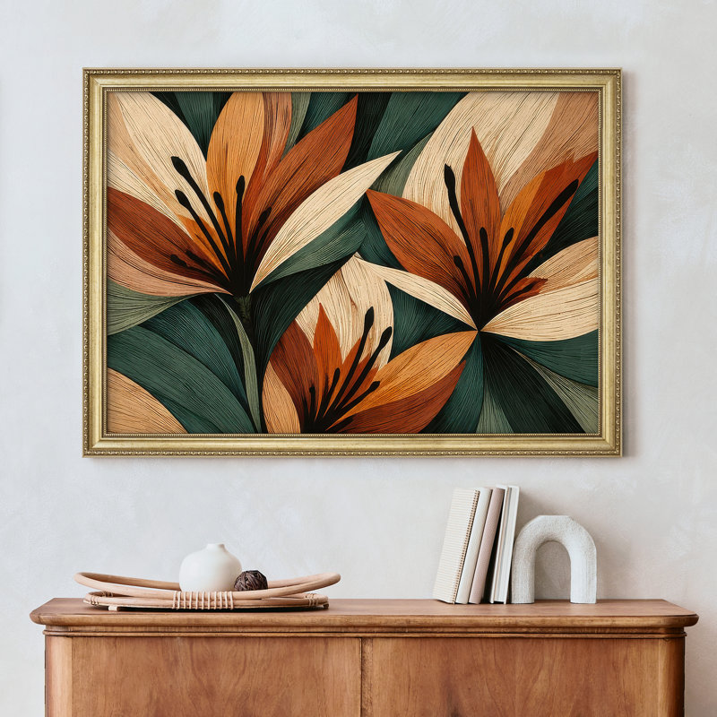 Art floral encadré audacieux avec feuilles orange et vertes pour le salon 26 po x 36 po, H 26 po x l 36 po