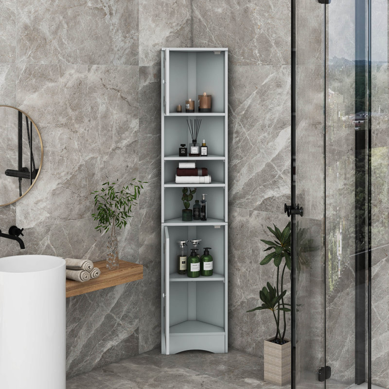 Grande armoire d'angle - Espace de rangement étroit avec portes et tablettes réglables, Gris