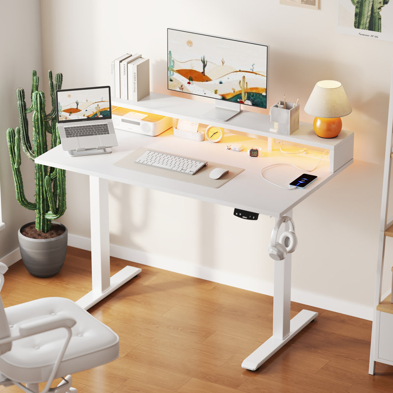 Bureau debout électrique à hauteur ajustable avec prise de courant et lumière DEL, bureau à domicile avec grande tablette pour moniteur