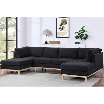 Canapé modulaire double en U à 4 places et l 124 po noir, garniture en bois au fini naturel, profondeur 19,5 po, hauteur du dossier 10 po, pieds solides de 7 po, coussins amovibles et sièges rembourrés de mousse avec ressorts ensachés pour