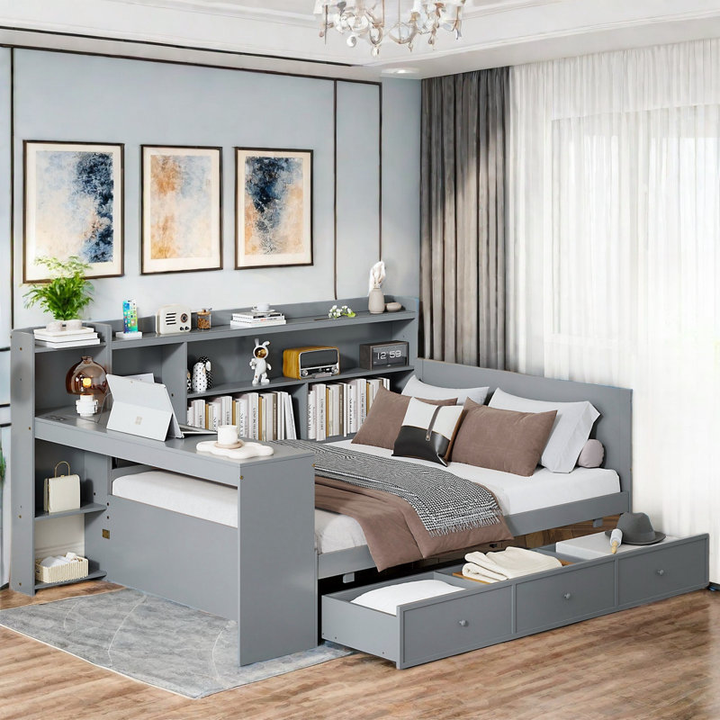 3 Drawers Daybed With Desk And Bookcase, Gray, Twin