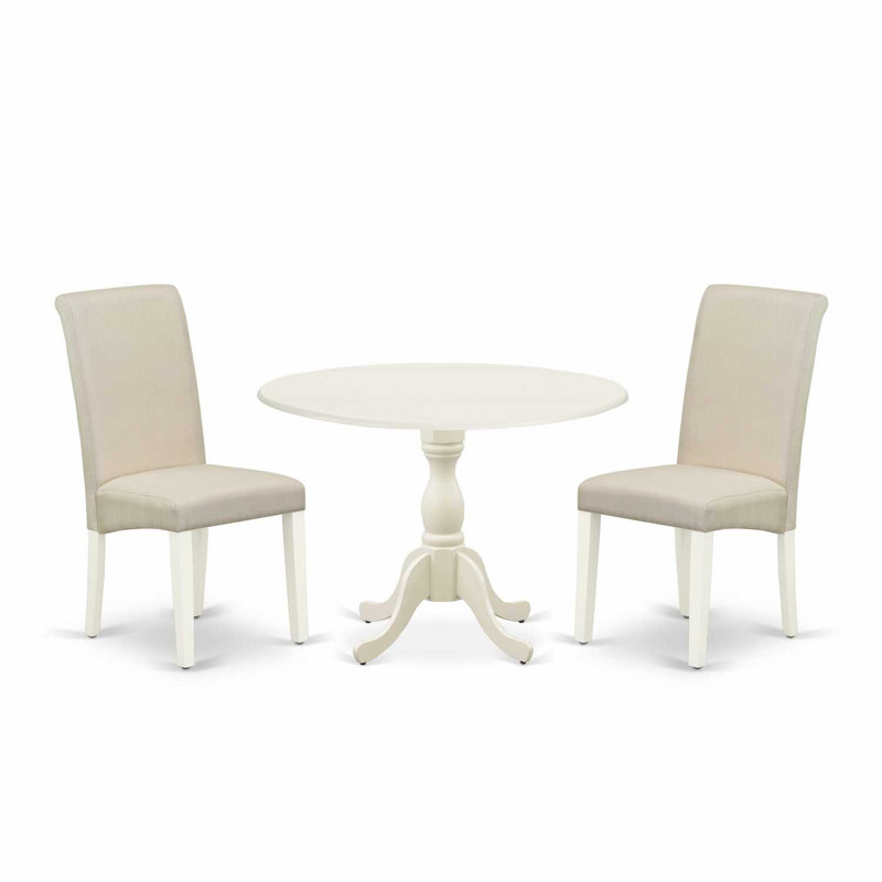 L'ensemble de table de cuisine 3 pièces pour petits espaces comprend une table de salle à manger ronde avec Dropleaf et 2 chaises rembourrées en lin crème, blanc lin