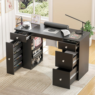 Gadson Manicure Table Nail Tech Desk with Dust Collector and Wrist Cushion, and Tempered Glass Display, Spacious Storage