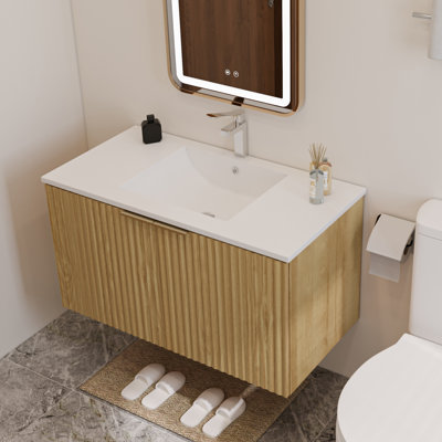 36" Floating Bathroom Vanity with Wavy Textured Soft-Close Doors,Waterproof Wall Mounted Vanity Sink Storage Cabinet,Nature Colour